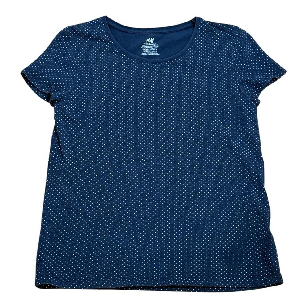 H&M Shirt Girls 10-12Y Medium Blue White Polka Dot Organic Cotton Short Sleeve